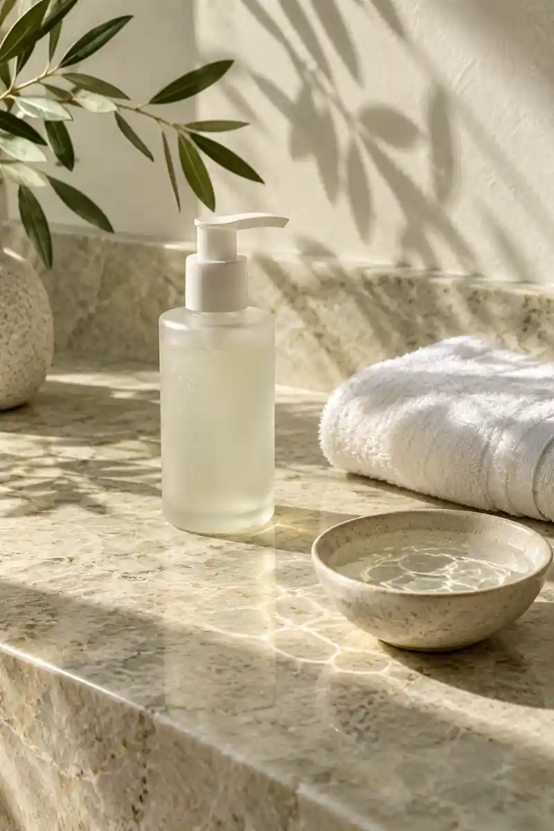 KI-generiertes Pflege-Stillleben mit Reinigungsflasche, Handtuch und Wasserschale
