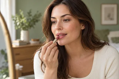 Gedämpfte Lippenfarbe kontrolliert auftragen; KI-generierte Anwendungsszene.
