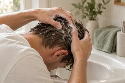 Shampoo gezielt an der Kopfhaut verteilen; KI-generierte Anwendungsszene.